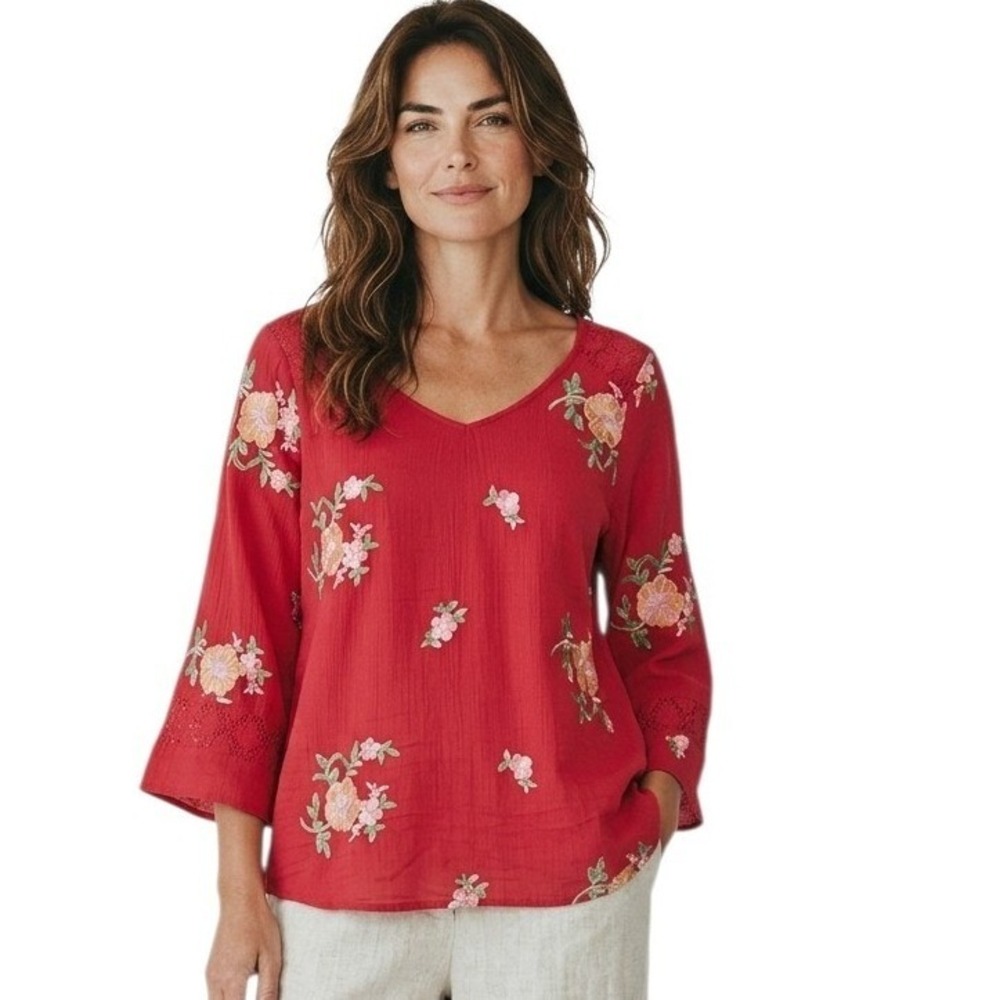 Anthropologie Fig Flower Womens XL Embroidered Floral Crinkle Lace Romantic Top